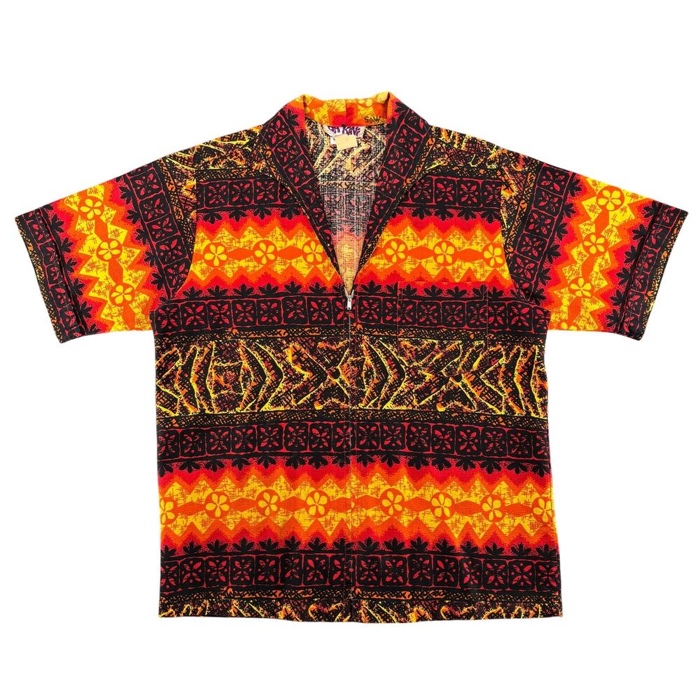 Vintage 60s Da Kine Tribal Tapa Barkcloth Hawaiian Full Zip Shirt Men's L Aloha